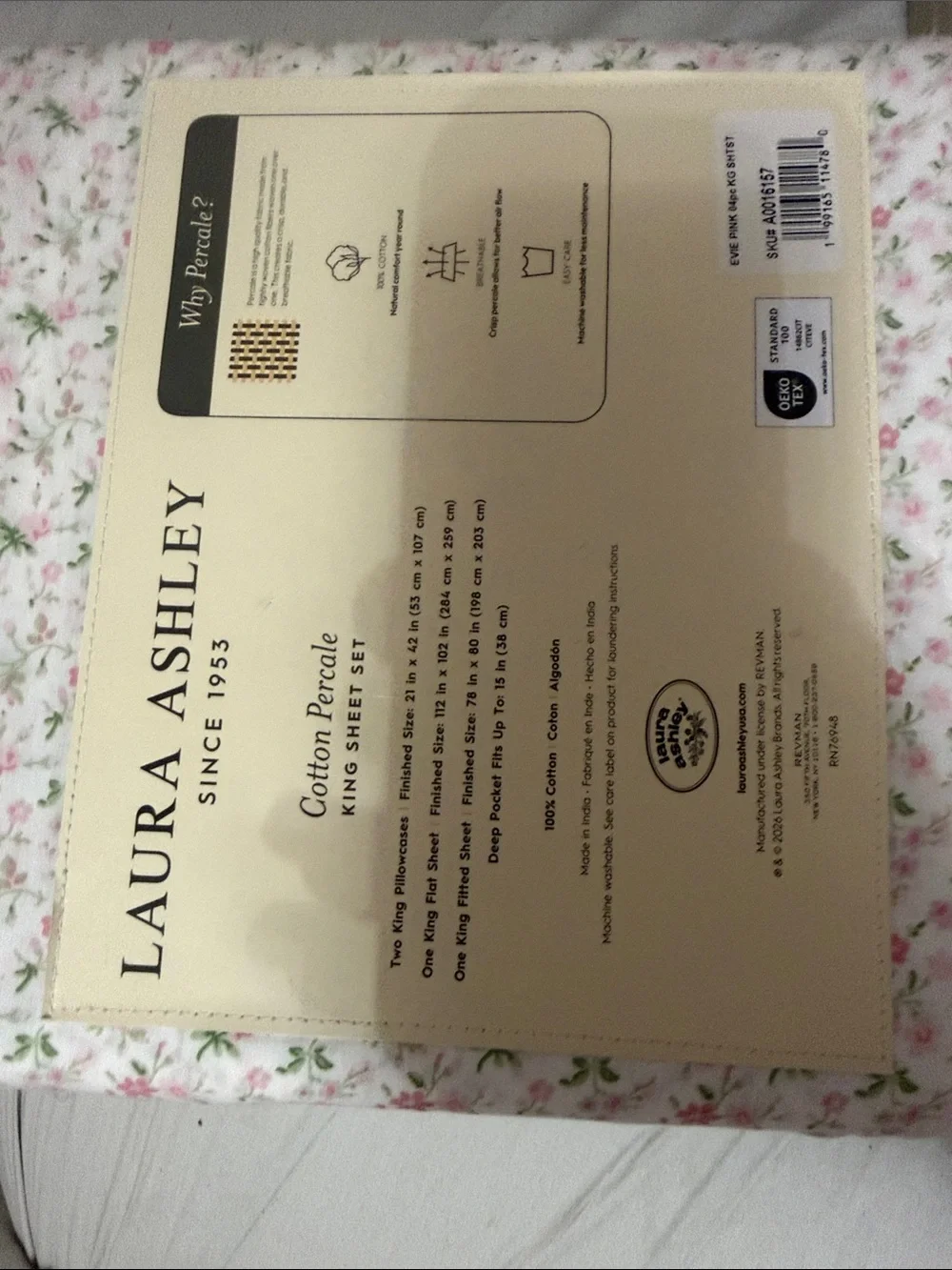 Laura Ashley Pink and Green Floral Cotton Percale King Sheet Set
